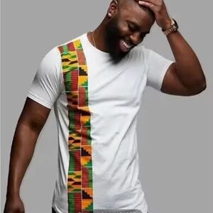 Men's White Tee with Vibrant Patterned Stripe